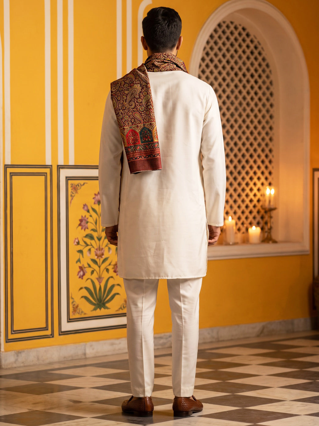 Men Silk Blend Solid Kurta Set with Paisley Printed Dupatta ( 65KP DM-M2 5586White ) [FF] [WAISTCOAT]