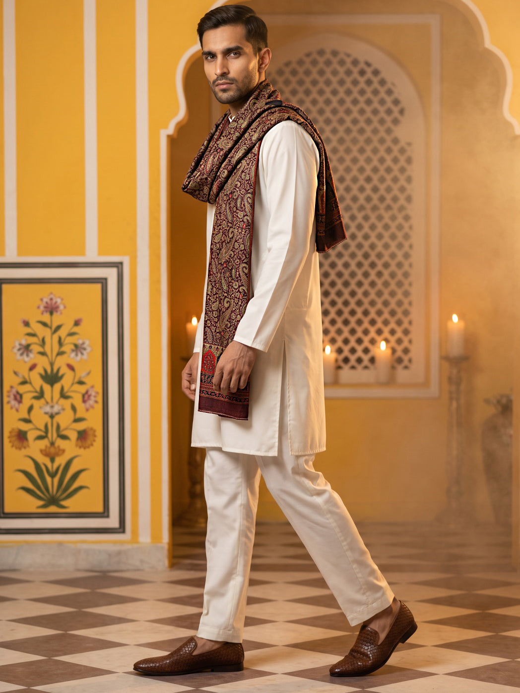 Men Silk Blend Solid Kurta Set with Paisley Printed Dupatta ( 65KP DM-M2 5586White ) [FF] [WAISTCOAT]