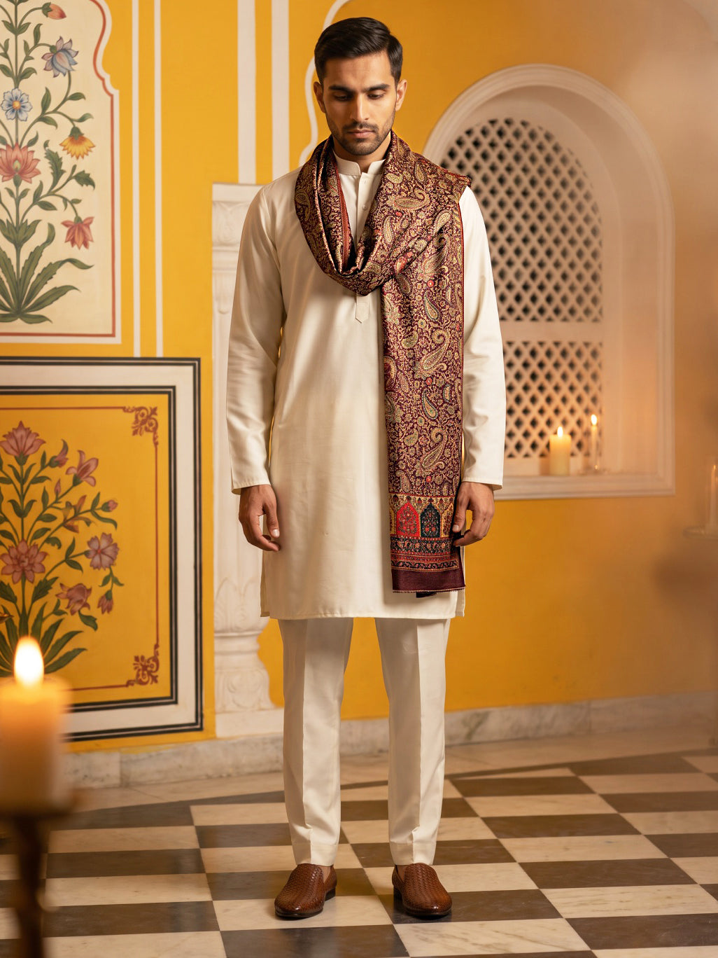 Men Silk Blend Solid Kurta Set with Paisley Printed Dupatta ( 65KP DM-M2 5586White ) [FF] [WAISTCOAT]