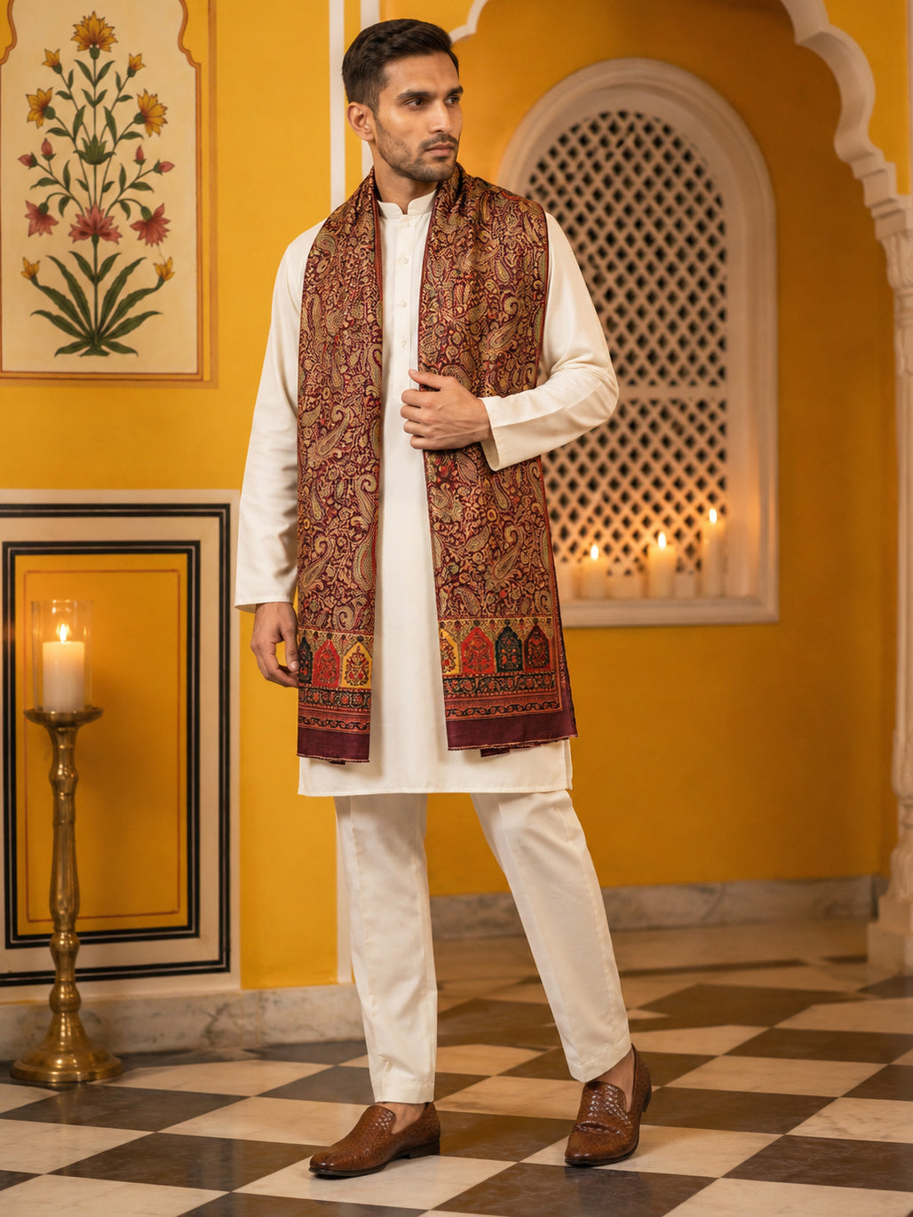 Men Silk Blend Solid Kurta Set with Paisley Printed Dupatta ( 65KP DM-M2 5586White ) [FF] [WAISTCOAT]