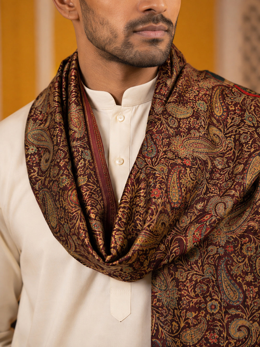 Men Silk Blend Solid Kurta Set with Paisley Printed Dupatta ( 65KP DM-M2 5586White ) [FF] [WAISTCOAT]