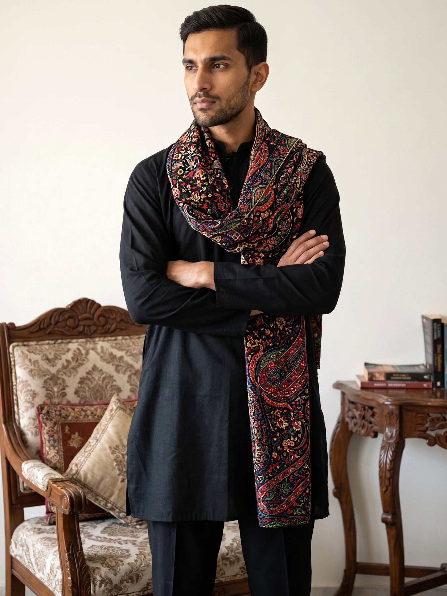 Men Silk Blend Solid Kurta Set with Paisley Printed Dupatta ( 65KP DM-N2 5586Black ) [FF] [WAISTCOAT]