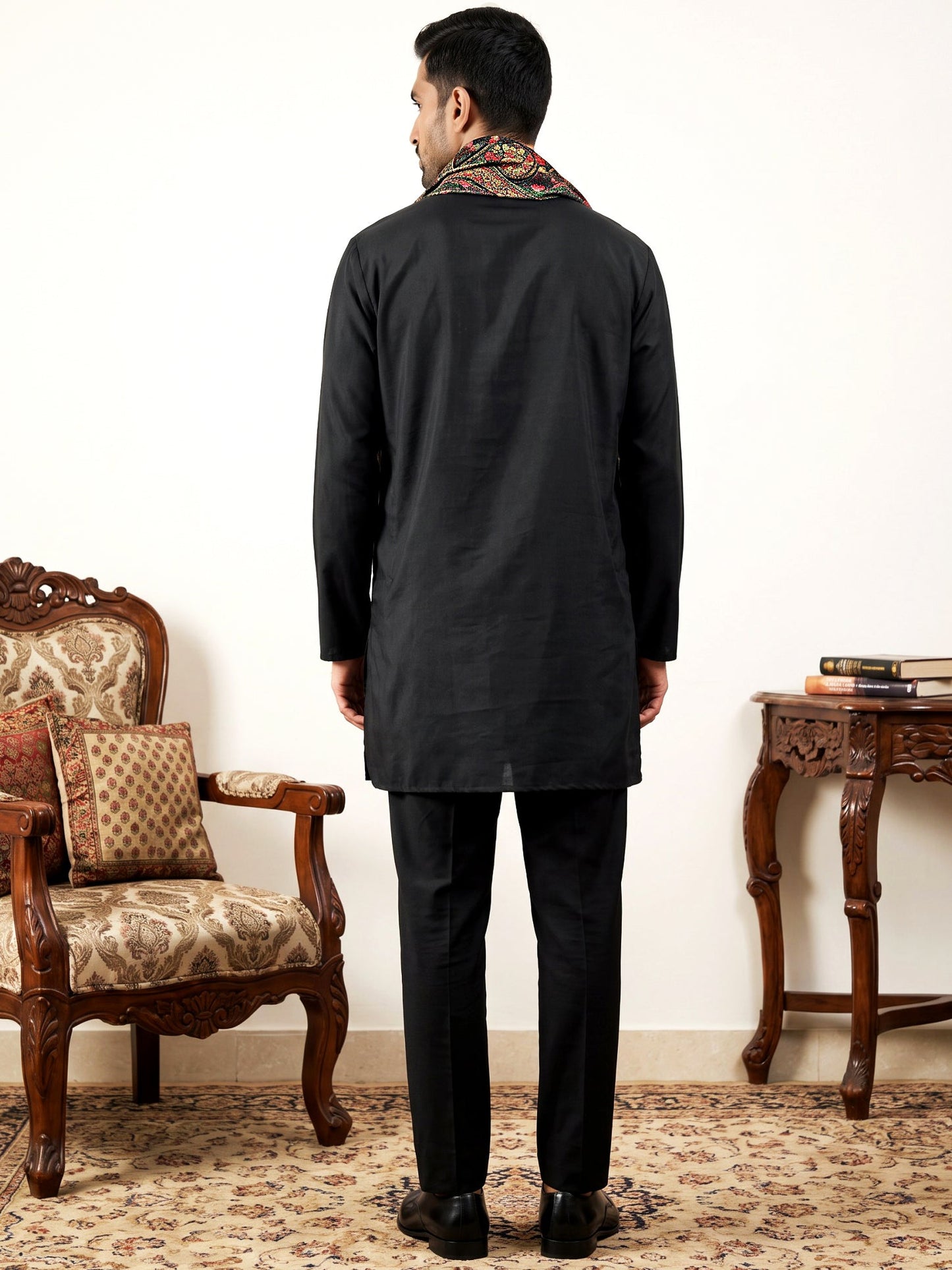 Men Silk Blend Solid Kurta Set with Paisley Printed Dupatta ( 65KP DM-N2 5586Black ) [FF] [WAISTCOAT]