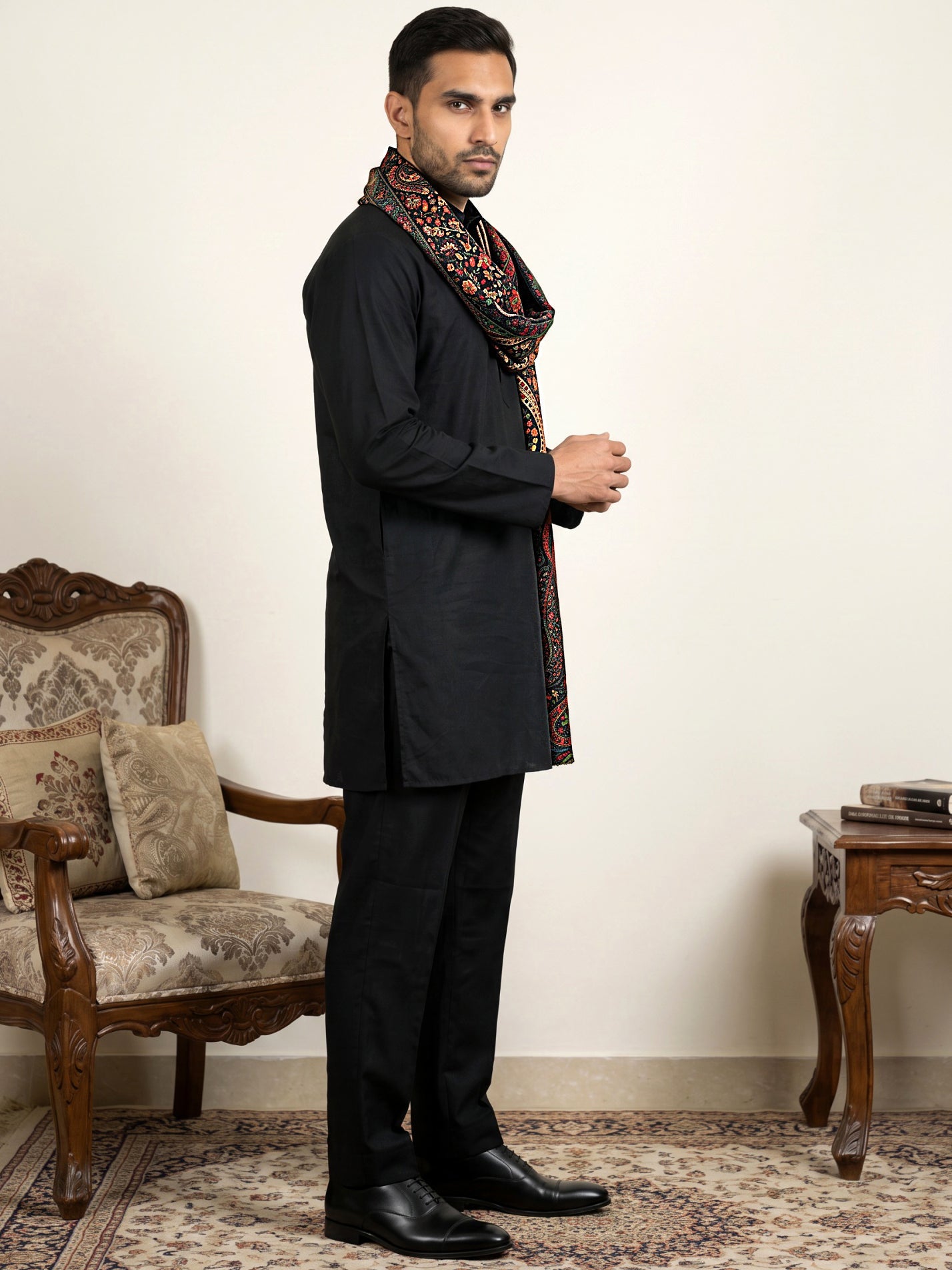 Men Silk Blend Solid Kurta Set with Paisley Printed Dupatta ( 65KP DM-N2 5586Black ) [FF] [WAISTCOAT]