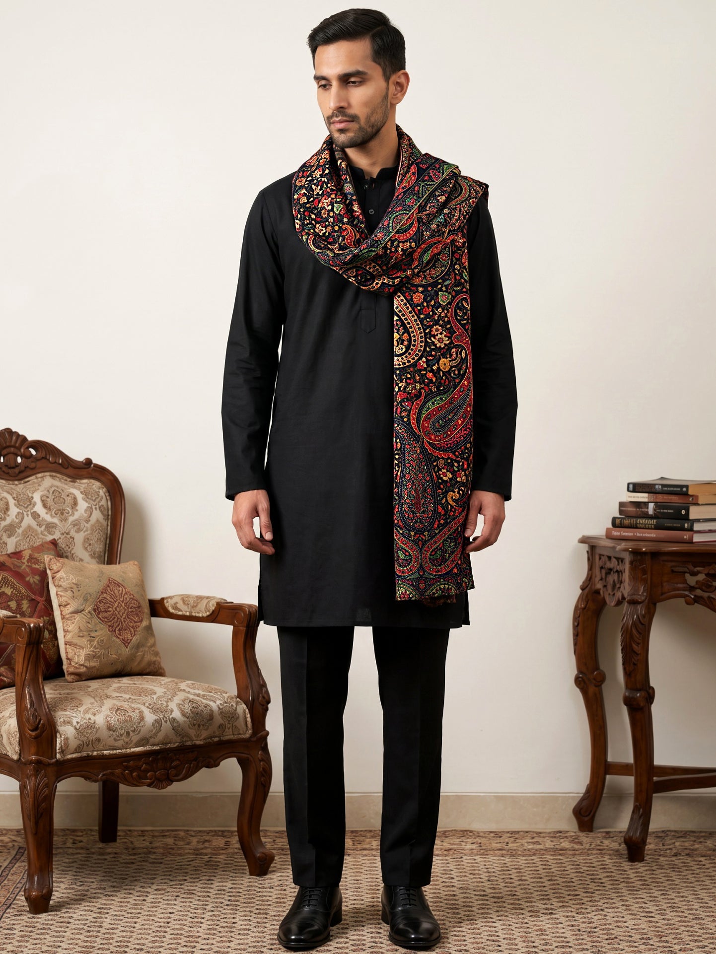 Men Silk Blend Solid Kurta Set with Paisley Printed Dupatta ( 65KP DM-N2 5586Black ) [FF] [WAISTCOAT]