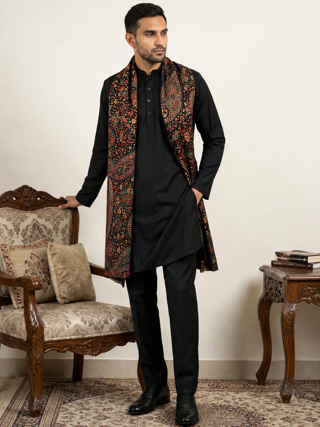 Men Silk Blend Solid Kurta Set with Paisley Printed Dupatta ( 65KP DM-N2 5586Black ) [FF] [WAISTCOAT]