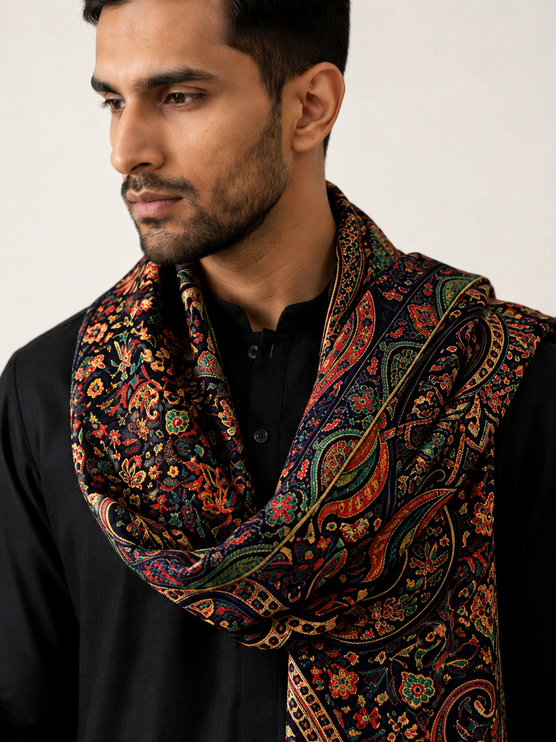 Men Silk Blend Solid Kurta Set with Paisley Printed Dupatta ( 65KP DM-N2 5586Black ) [FF] [WAISTCOAT]