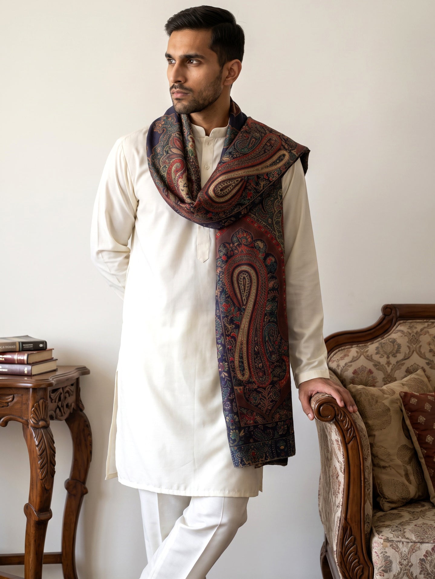 Men Silk Blend Solid Kurta Set with Paisley Printed Dupatta ( 65KP DM-N2 5586White ) [FF] [WAISTCOAT]