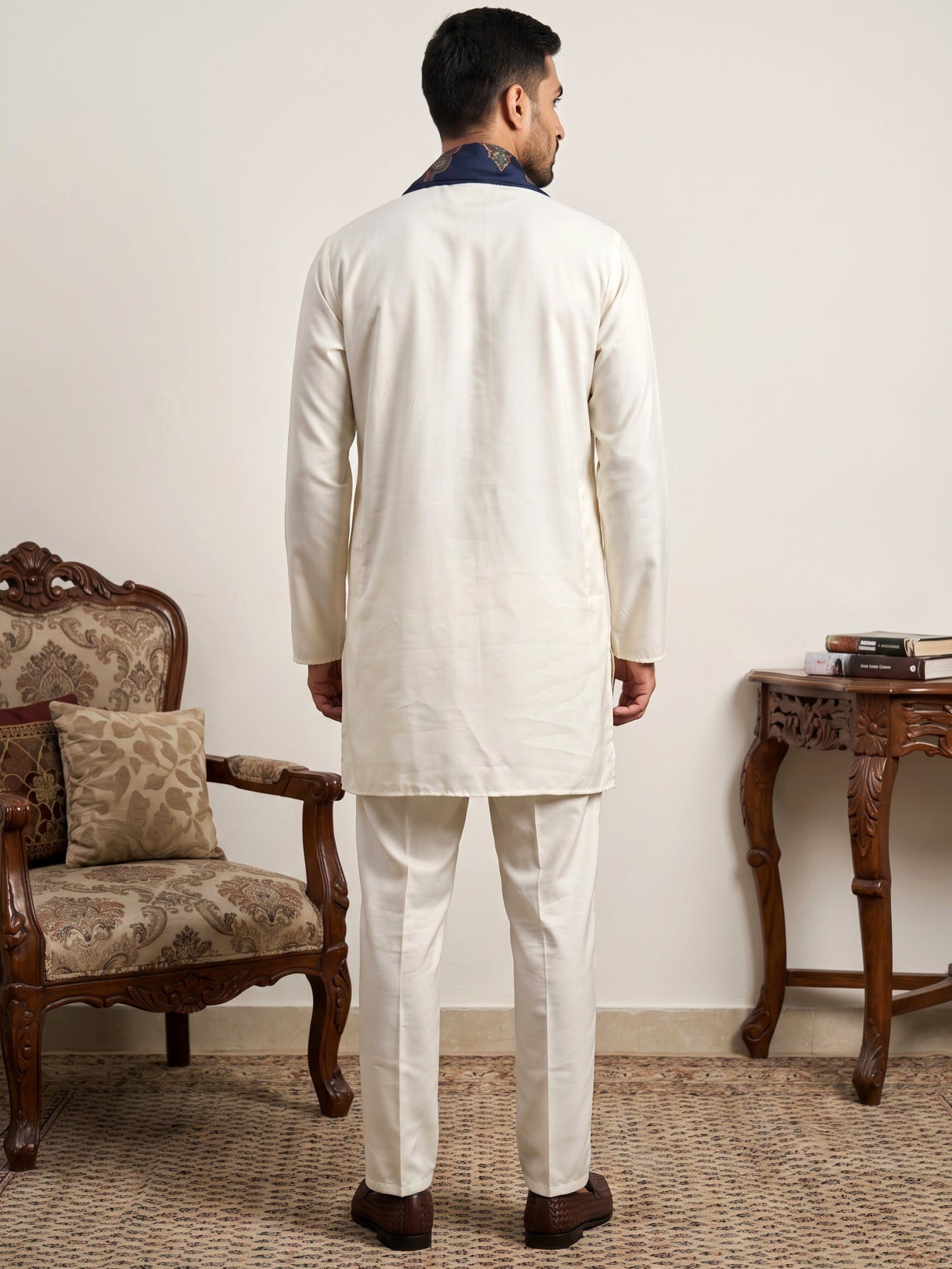 Men Silk Blend Solid Kurta Set with Paisley Printed Dupatta ( 65KP DM-N2 5586White ) [FF] [WAISTCOAT]