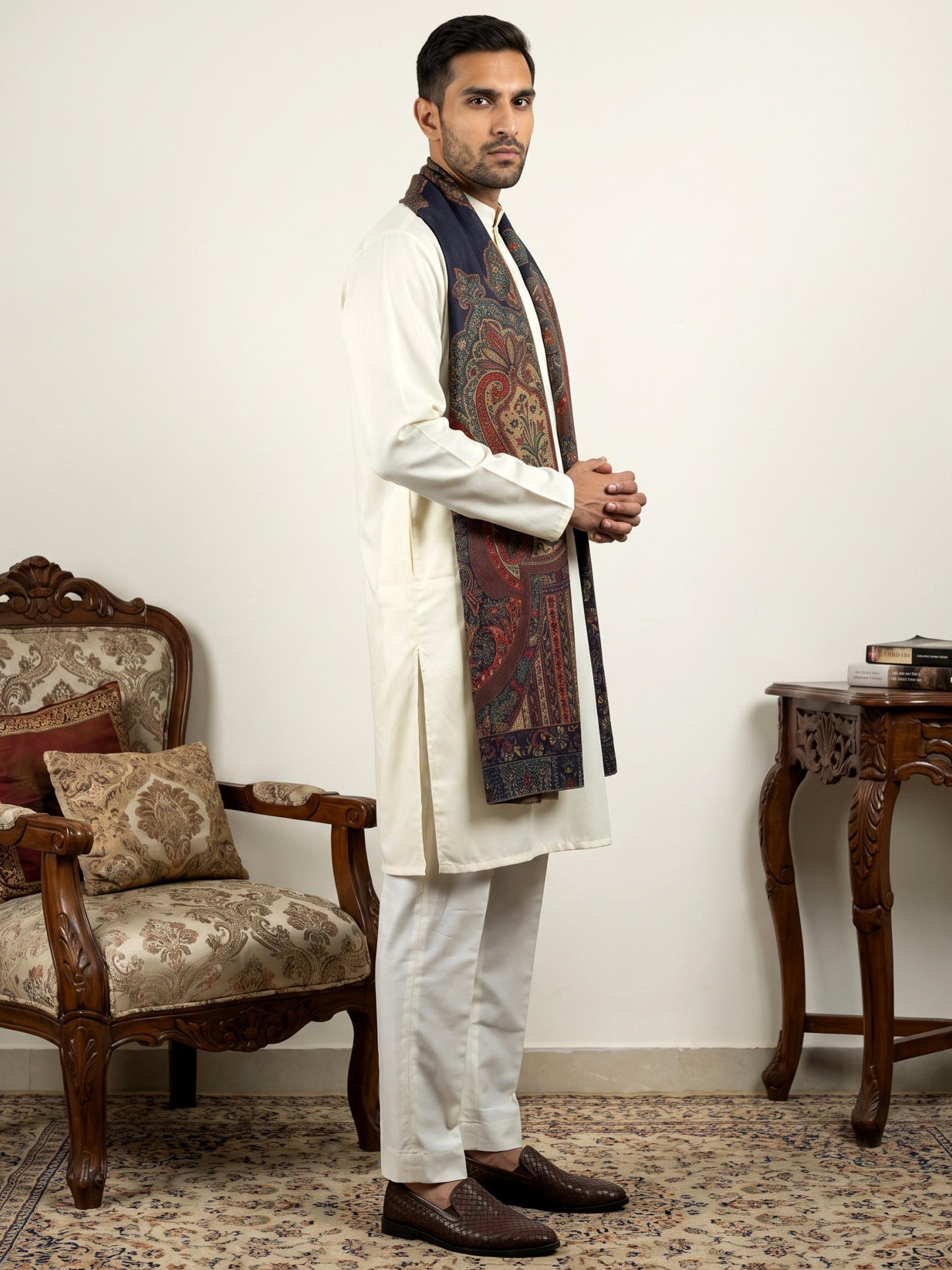 Men Silk Blend Solid Kurta Set with Paisley Printed Dupatta ( 65KP DM-N2 5586White ) [FF] [WAISTCOAT]