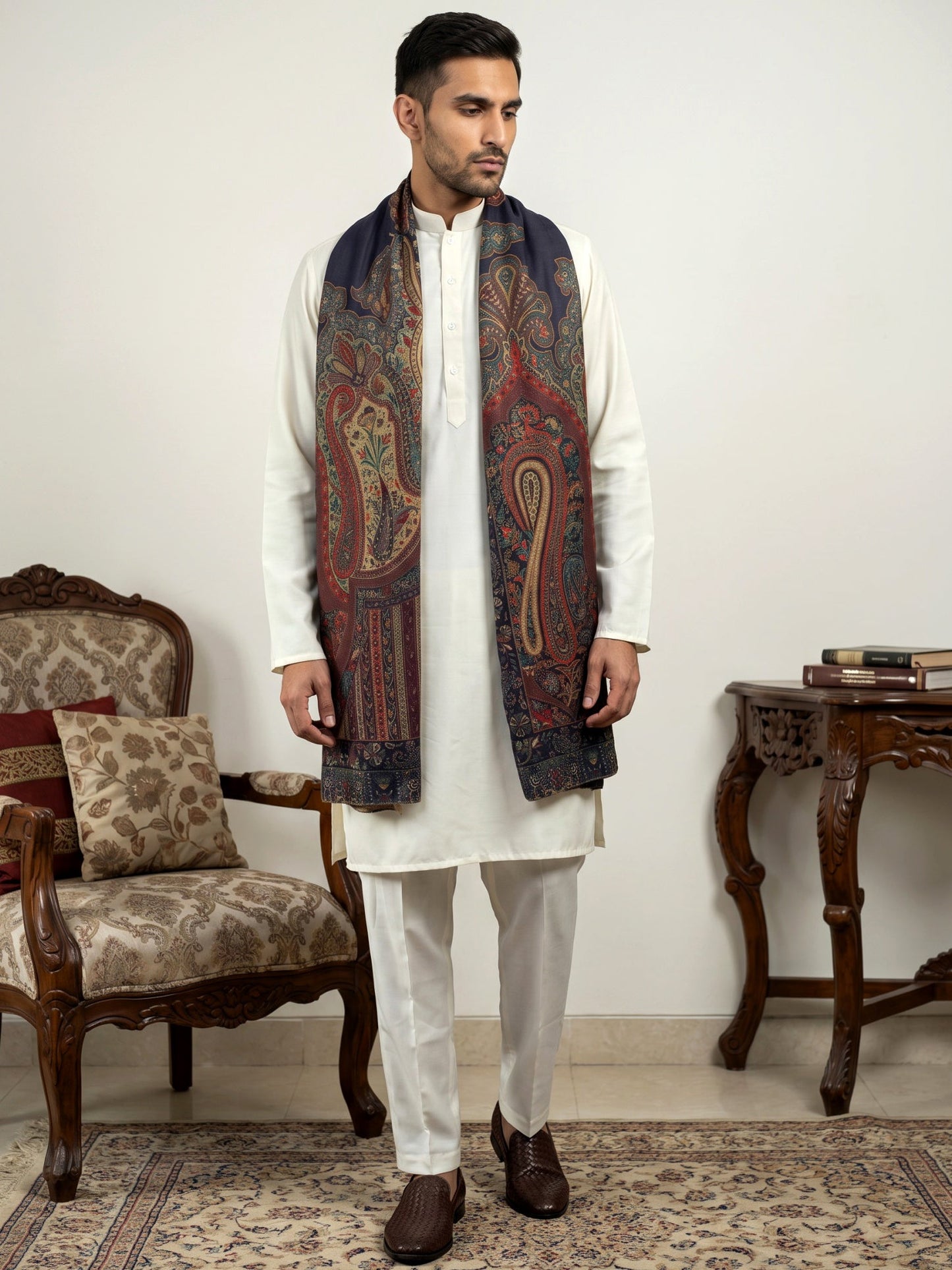 Men Silk Blend Solid Kurta Set with Paisley Printed Dupatta ( 65KP DM-N2 5586White ) [FF] [WAISTCOAT]