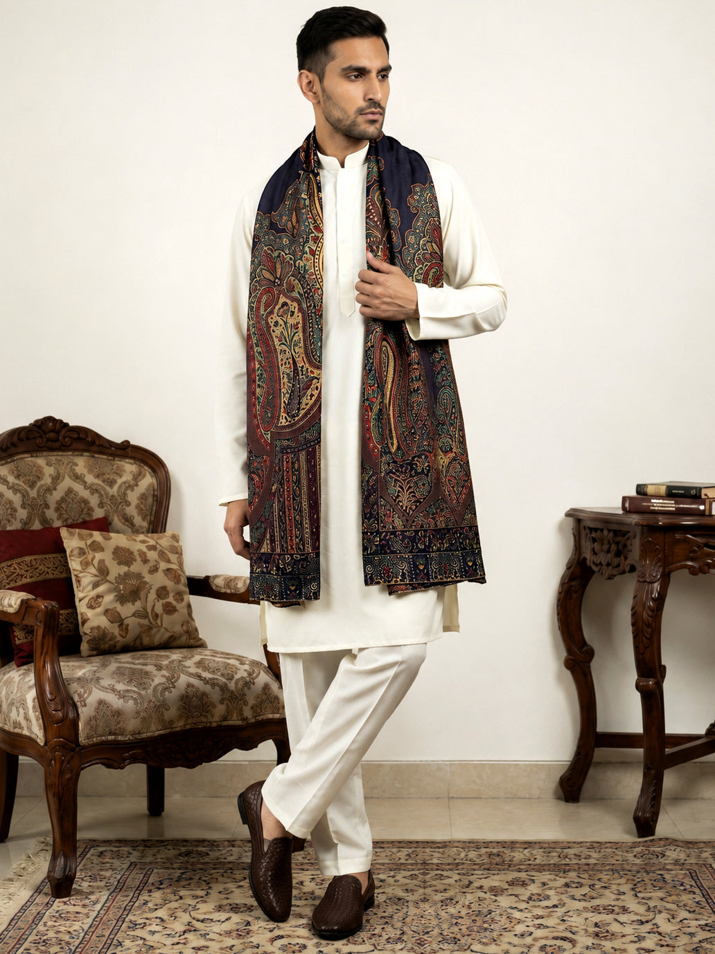 Men Silk Blend Solid Kurta Set with Paisley Printed Dupatta ( 65KP DM-N2 5586White ) [FF] [WAISTCOAT]