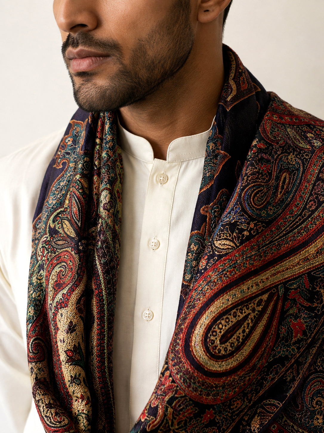 Men Silk Blend Solid Kurta Set with Paisley Printed Dupatta ( 65KP DM-N2 5586White ) [FF] [WAISTCOAT]