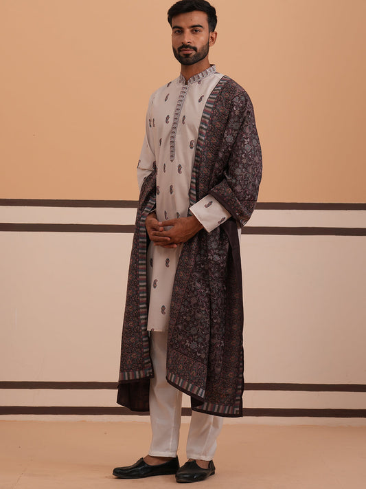 Paisley Print Kurta Pyjama Set with Contrast Dupatta ( 65KP D 5374 D 5374Cream ) [FF] [1-3]