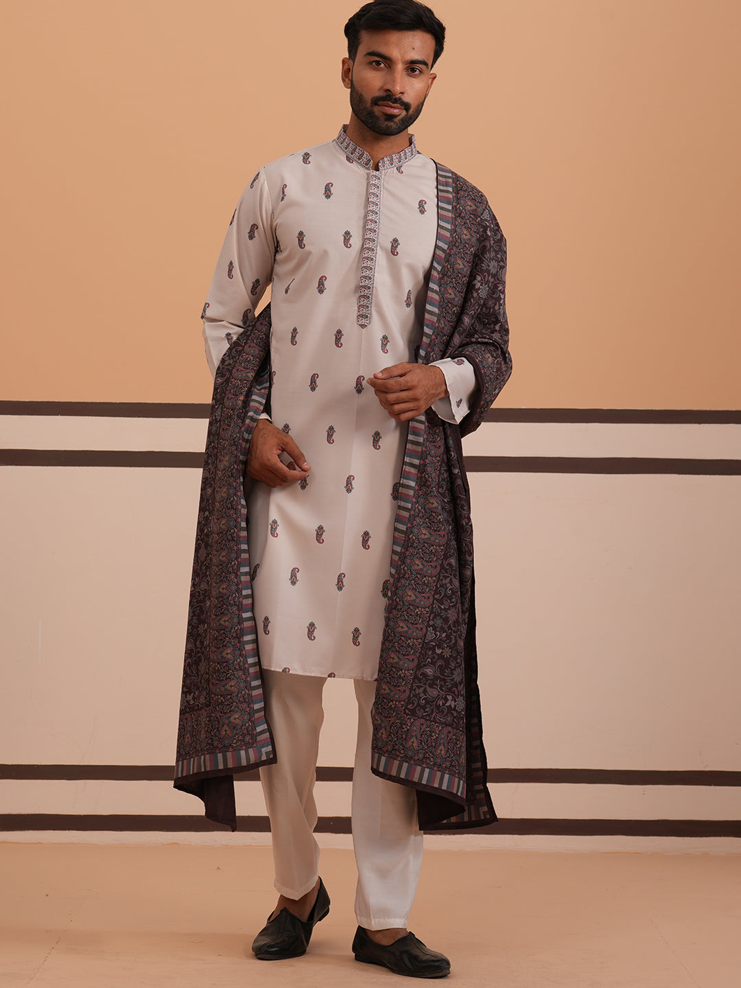 Paisley Print Kurta Pyjama Set with Contrast Dupatta ( 65KP D 5374 D 5374Cream ) [FF] [1-3]