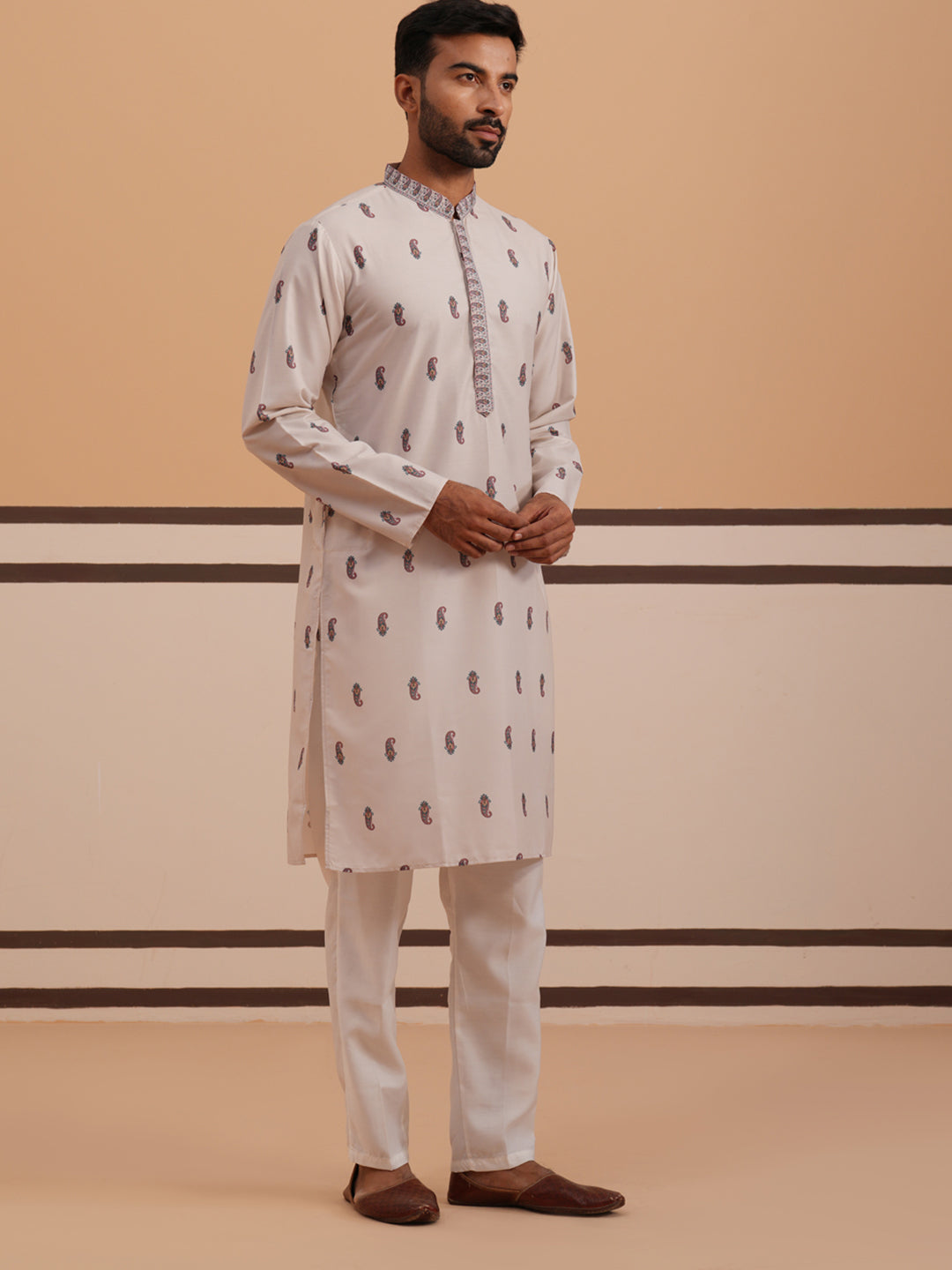 Paisley Print Kurta Pyjama Set with Contrast Dupatta ( 65KP D 5374 D 5374Cream ) [FF] [1-3]