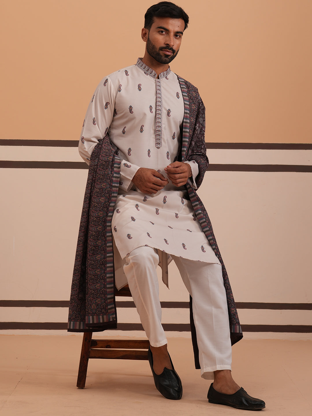 Paisley Print Kurta Pyjama Set with Contrast Dupatta ( 65KP D 5374 D 5374Cream ) [FF] [1-3]