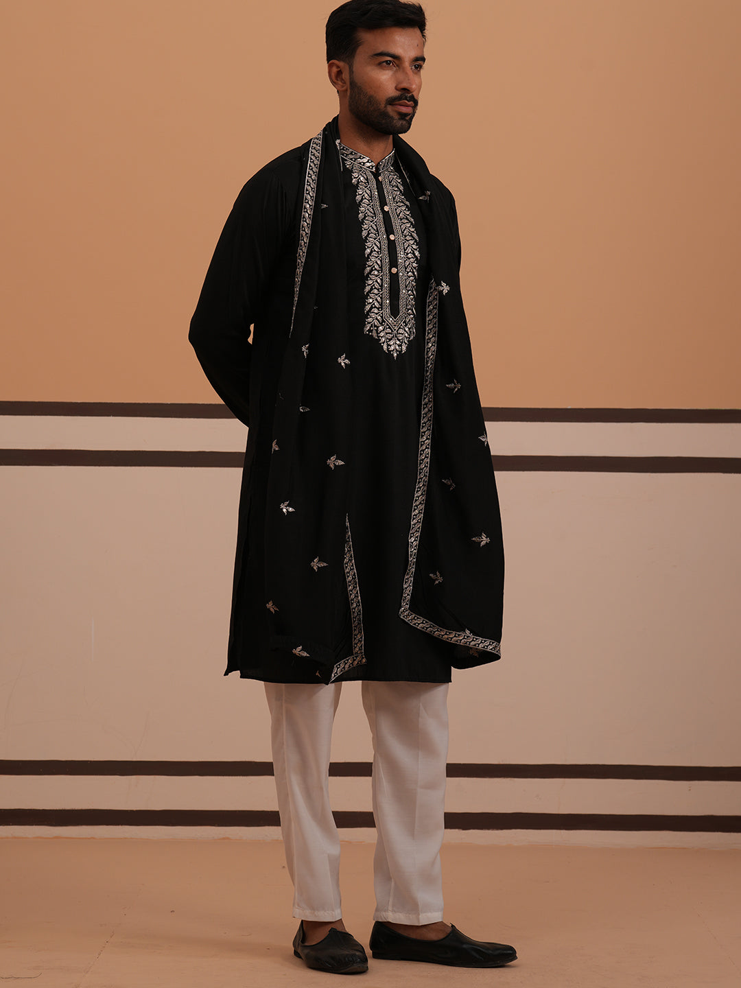 Silk Blend Kurta Set with Matching Embroidered Dupatta (65KP D 5375 Black ) [FF] [A-1-4]
