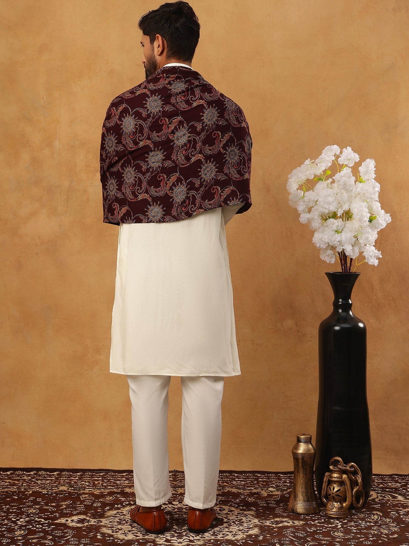 Traditional Silk Blend Kurta Pyjama & Dupatta Set (65KP D 5433 White )