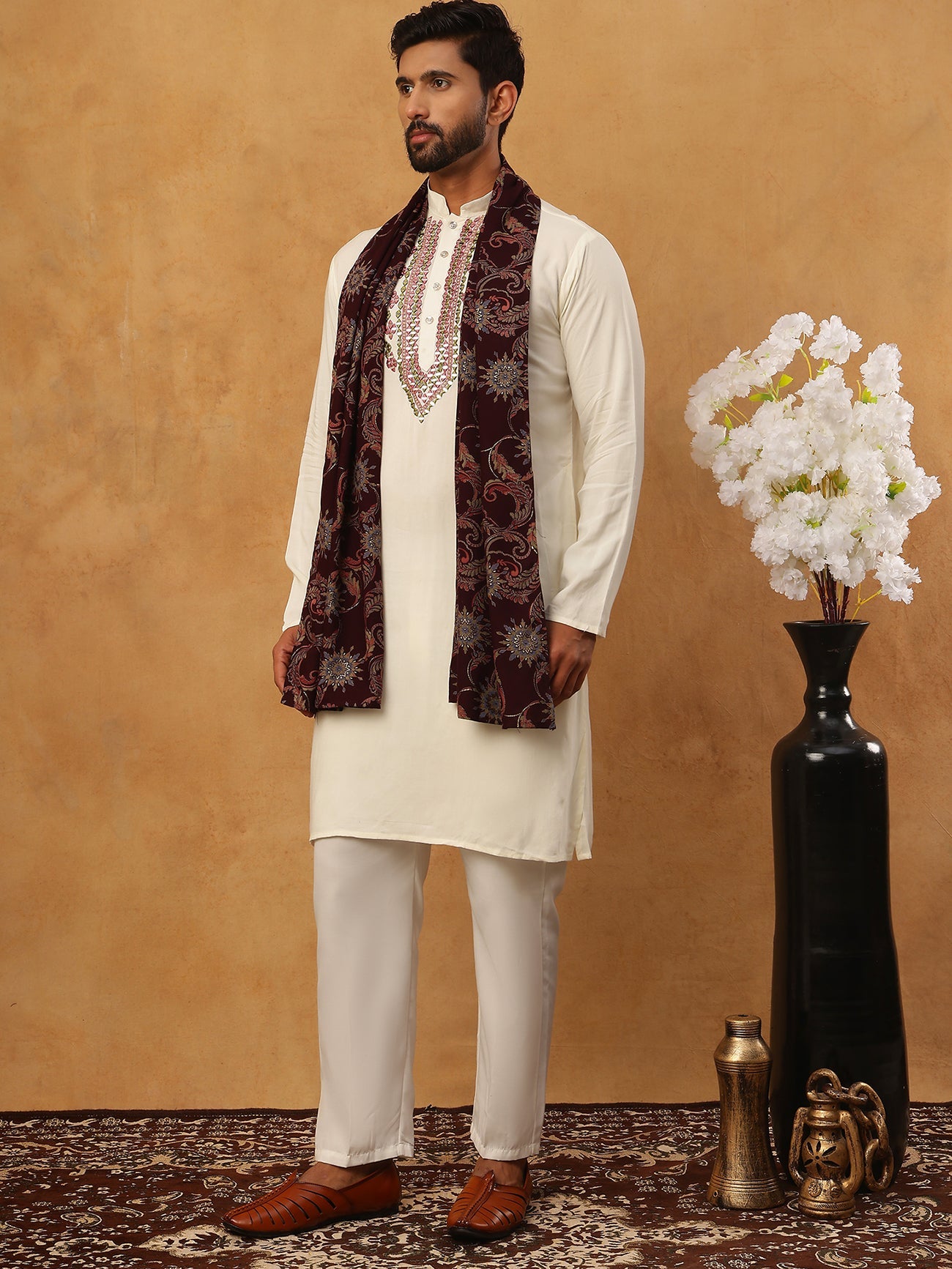 Traditional Silk Blend Kurta Pyjama & Dupatta Set (65KP D 5433 White )