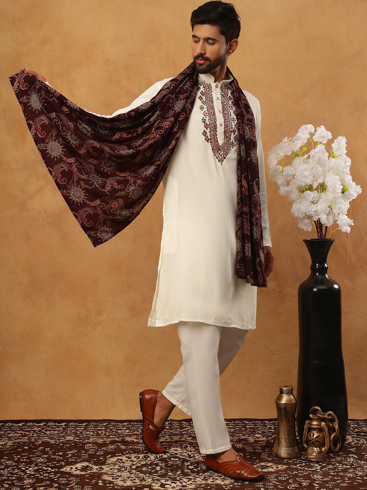 Traditional Silk Blend Kurta Pyjama & Dupatta Set (65KP D 5433 White )