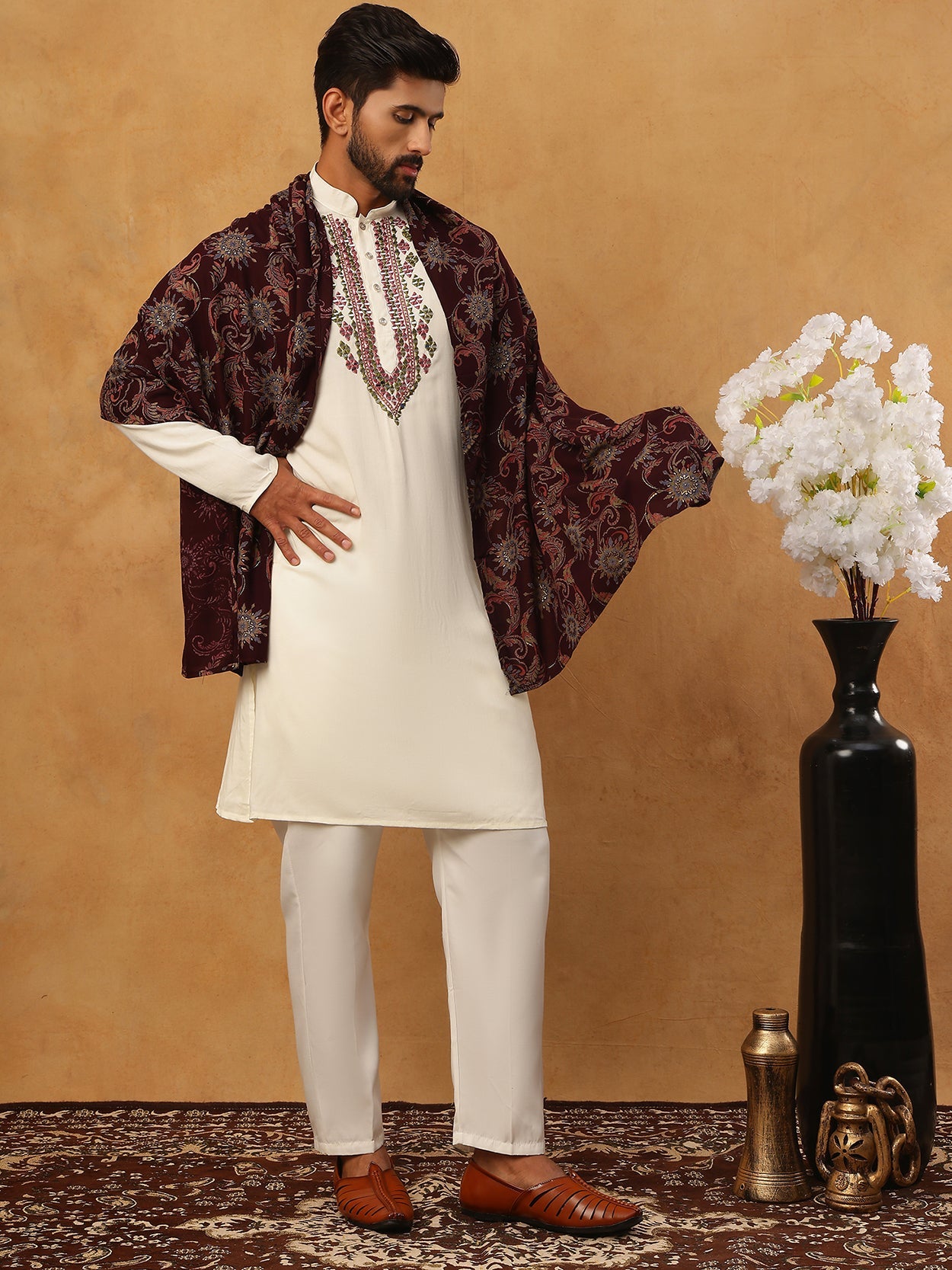 Traditional Silk Blend Kurta Pyjama & Dupatta Set (65KP D 5433 White )