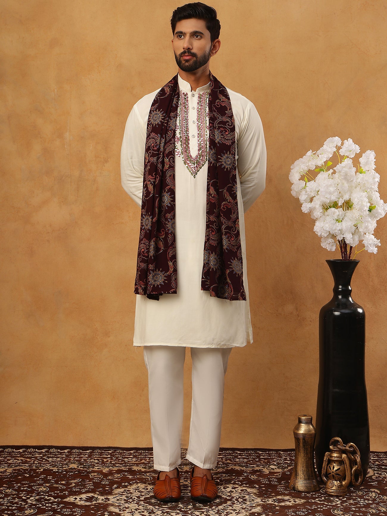 Traditional Silk Blend Kurta Pyjama & Dupatta Set (65KP D 5433 White )