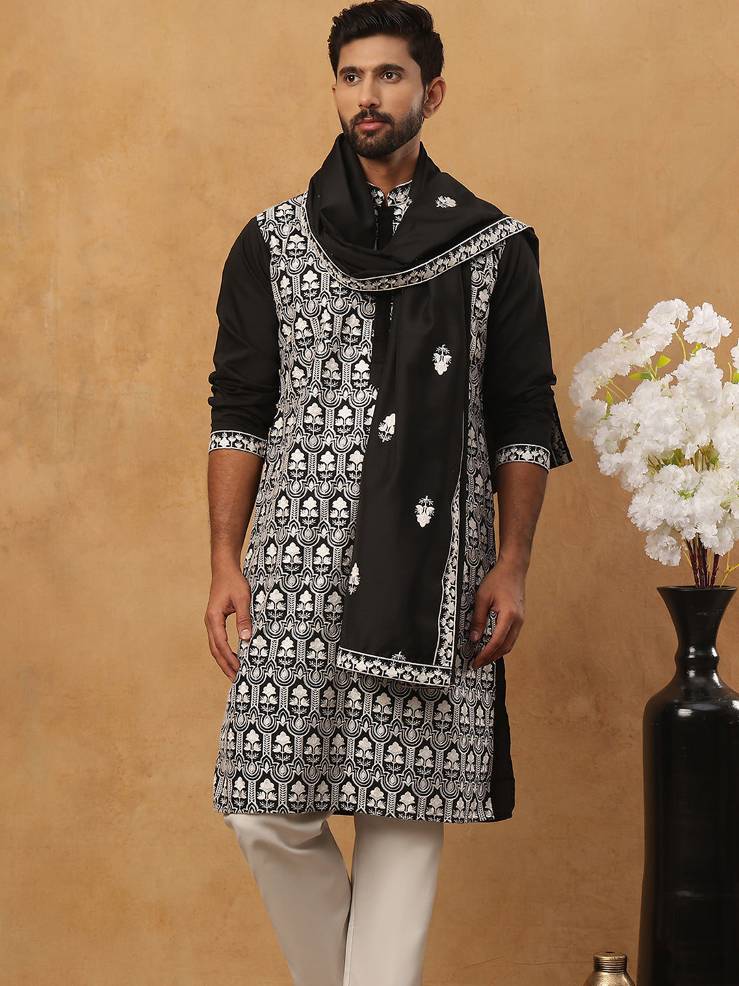 Silk Blend Embroidered Kurta Pyjama Dupatta Set (65KP D 5438 Black ) [FF] [P-14]
