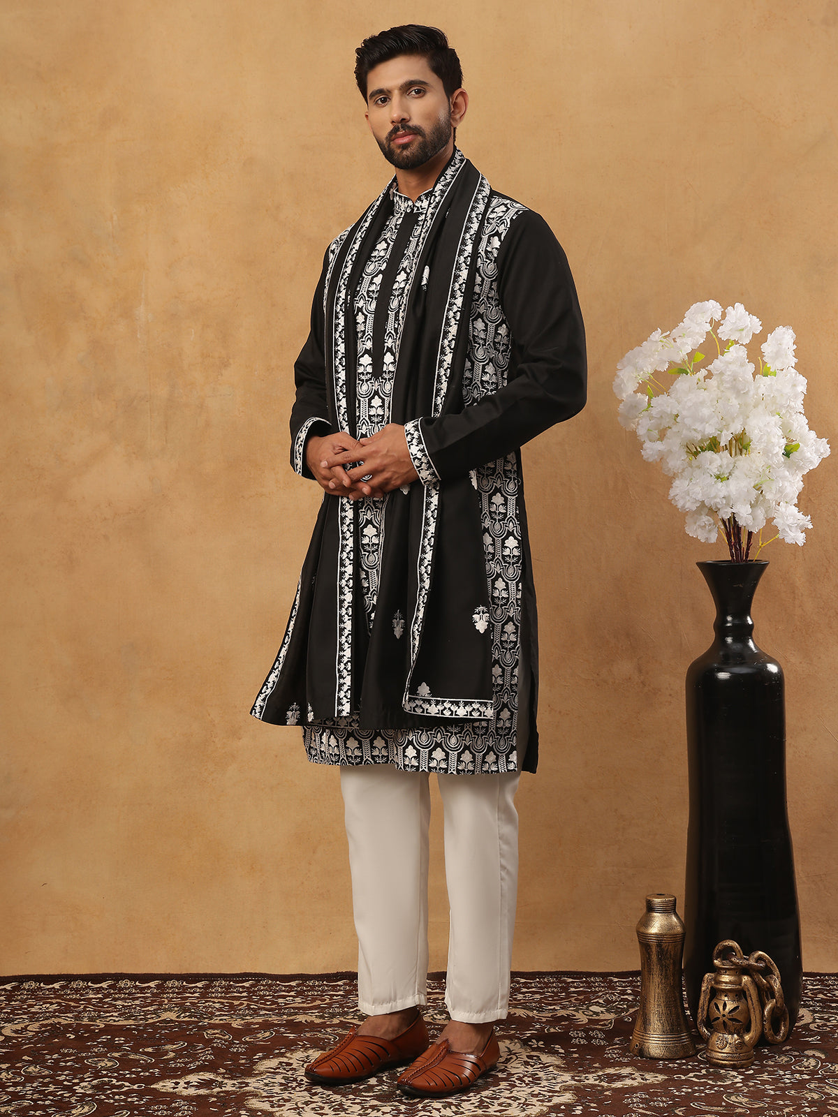 Silk Blend Embroidered Kurta Pyjama Dupatta Set (65KP D 5438 Black ) [FF] [P-14]