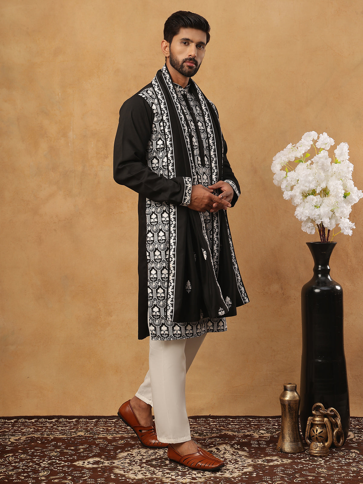 Silk Blend Embroidered Kurta Pyjama Dupatta Set (65KP D 5438 Black ) [FF] [P-14]