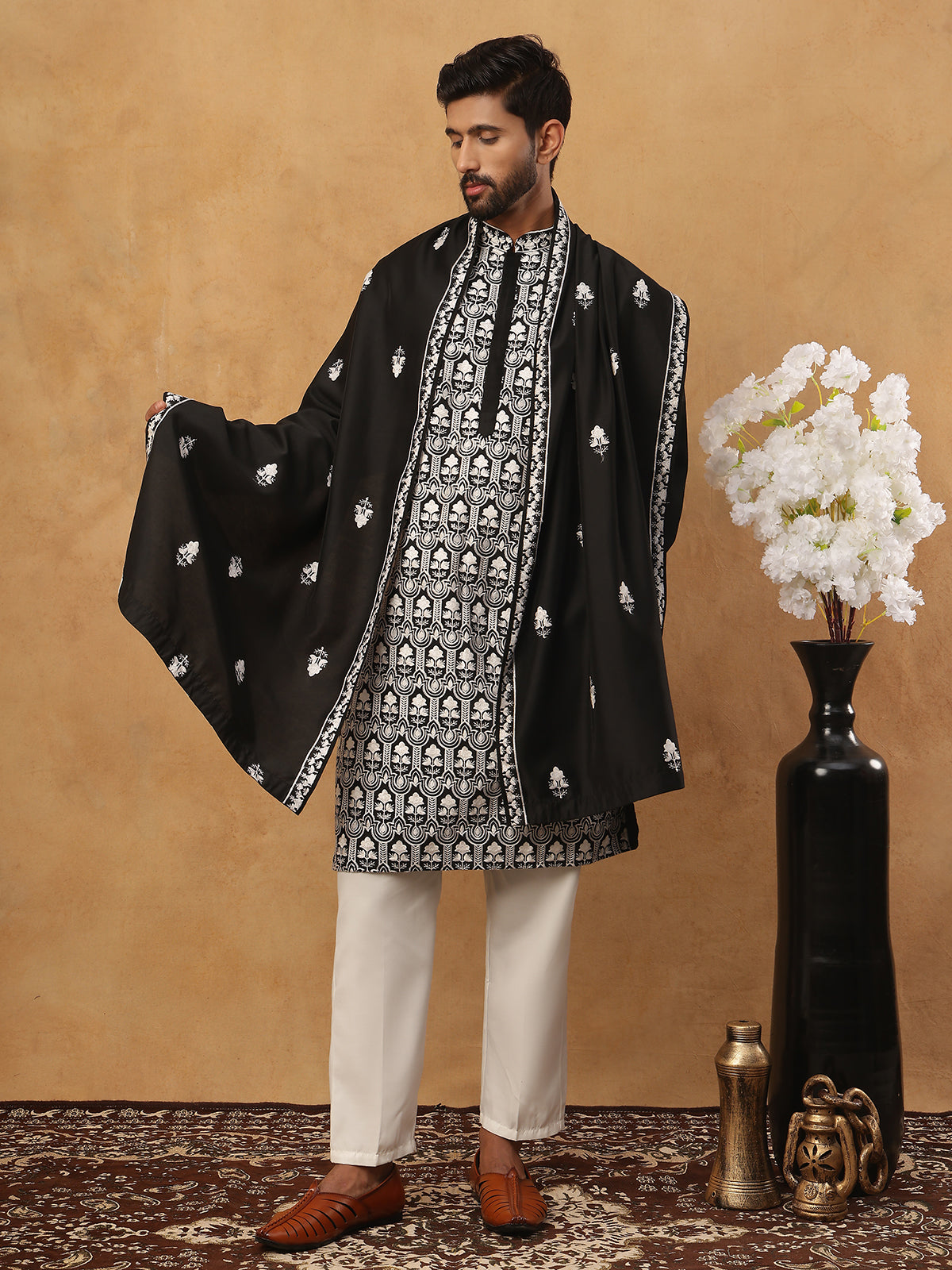 Silk Blend Embroidered Kurta Pyjama Dupatta Set (65KP D 5438 Black ) [FF] [P-14]