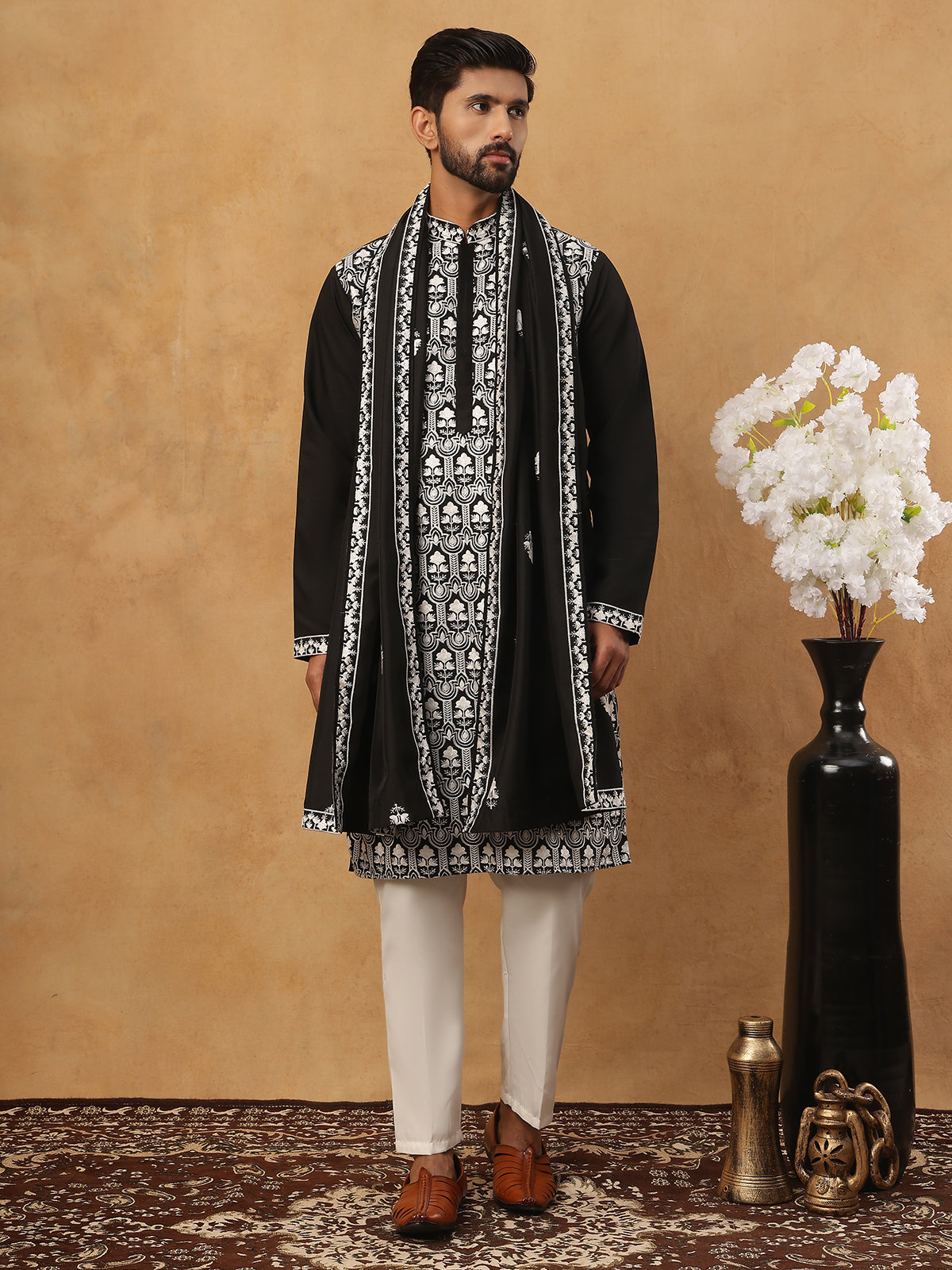 Silk Blend Embroidered Kurta Pyjama Dupatta Set (65KP D 5438 Black ) [FF] [P-14]