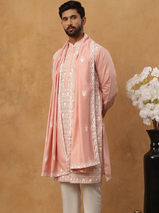 Silk Blend Embroidered Kurta Pyjama Dupatta Set (65KP D 5438 Peach ) [FF] [P-14]