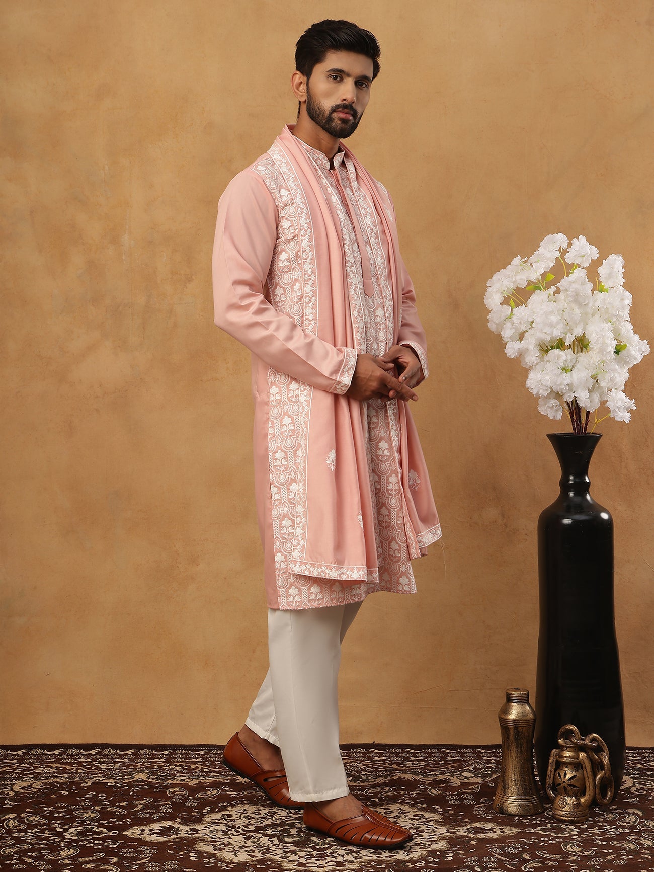 Silk Blend Embroidered Kurta Pyjama Dupatta Set (65KP D 5438 Peach ) [FF] [P-14]