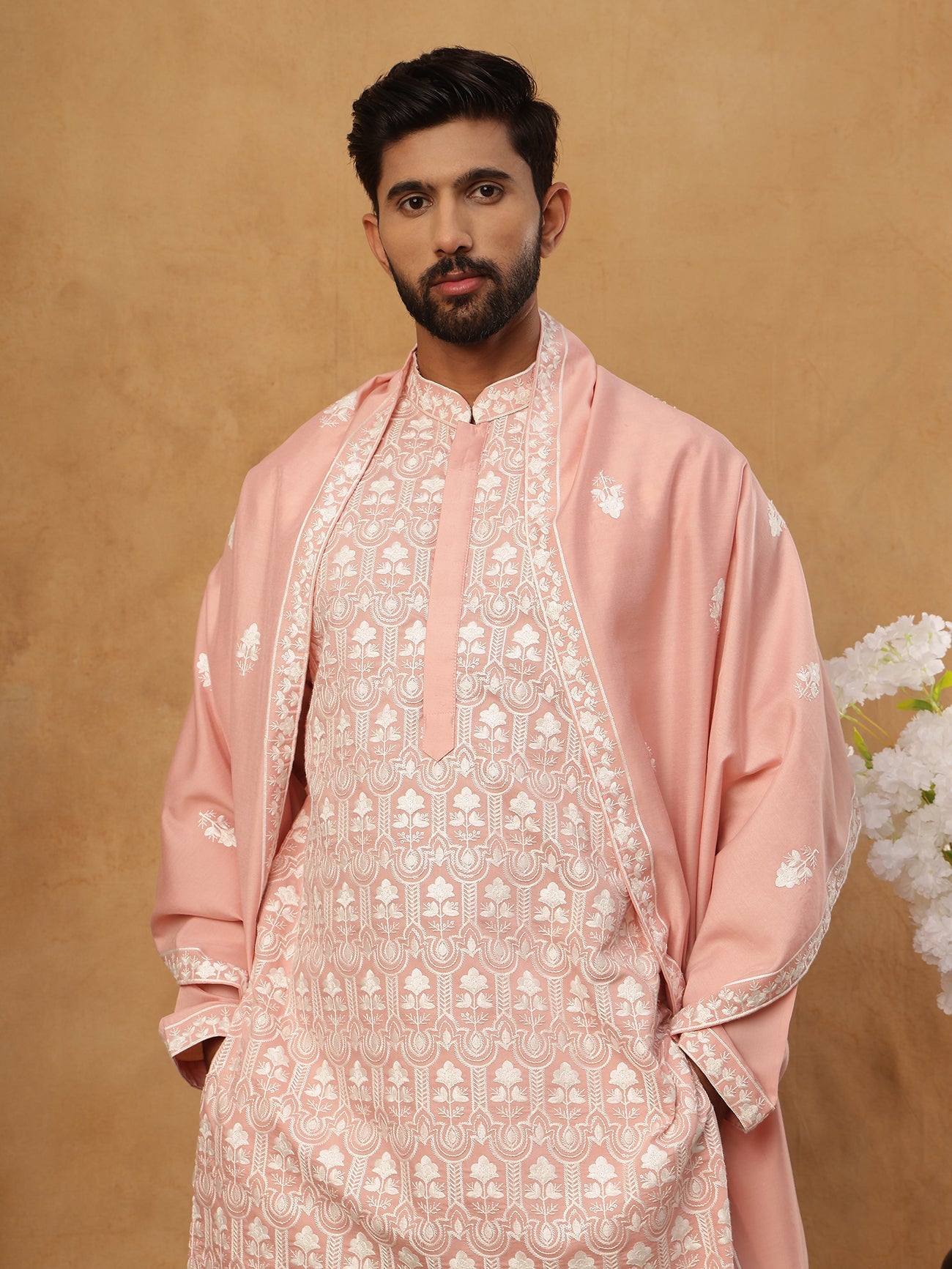 Silk Blend Embroidered Kurta Pyjama Dupatta Set (65KP D 5438 Peach ) [FF] [P-14]