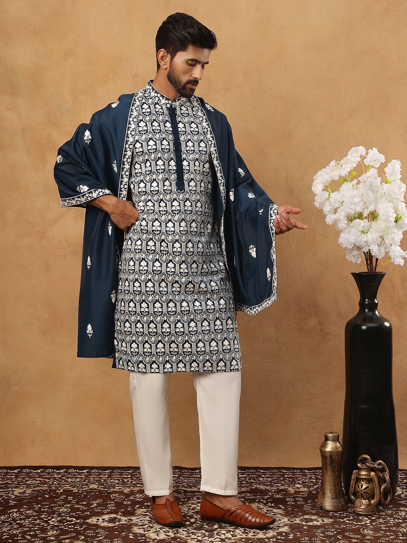 Silk Blend Embroidered Kurta Pyjama Dupatta Set (65KP D 5438 Peacock ) [FF] [P-14]