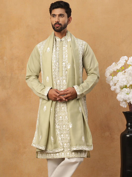 Silk Blend Embroidered Kurta Pyjama Dupatta Set (65KP D 5438 Pista ) [FF] [P-14]