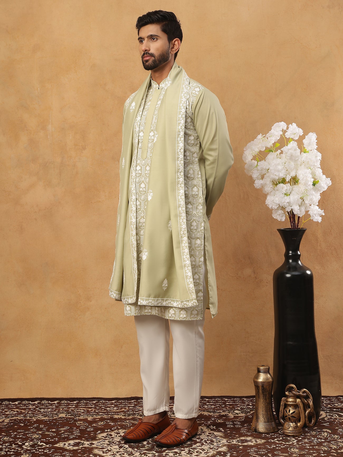 Silk Blend Embroidered Kurta Pyjama Dupatta Set (65KP D 5438 Pista ) [FF] [P-14]