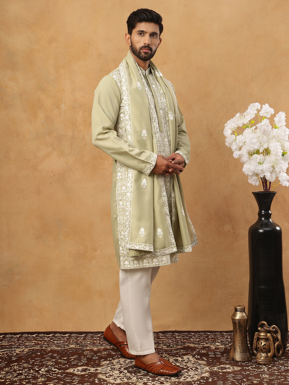 Silk Blend Embroidered Kurta Pyjama Dupatta Set (65KP D 5438 Pista ) [FF] [P-14]