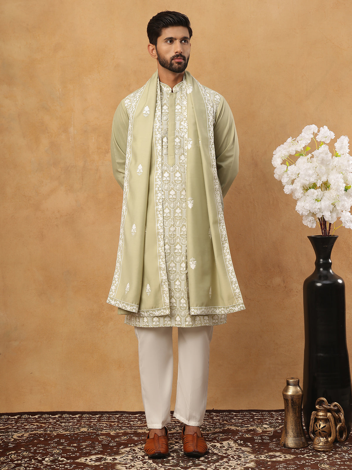 Silk Blend Embroidered Kurta Pyjama Dupatta Set (65KP D 5438 Pista ) [FF] [P-14]