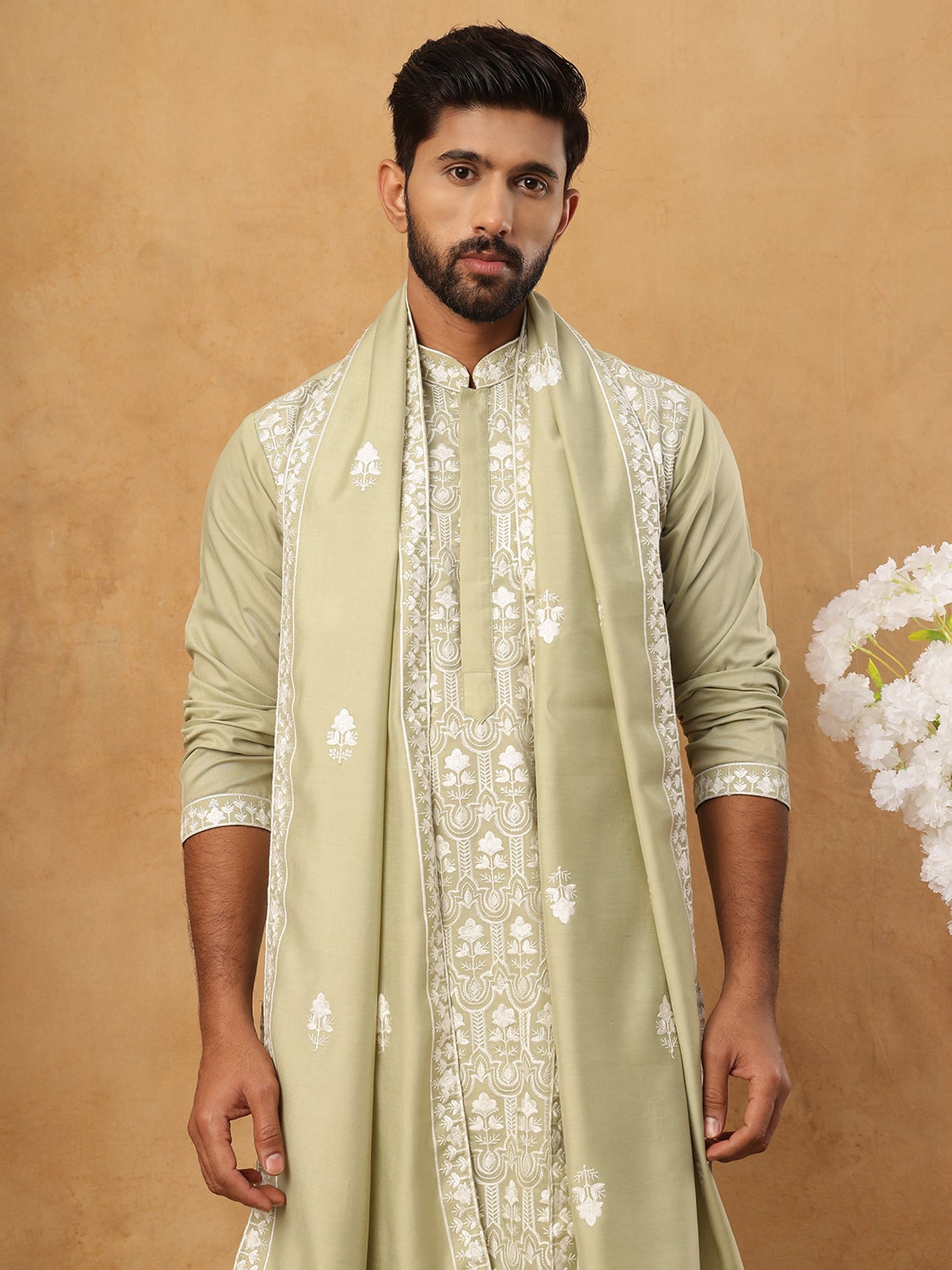 Silk Blend Embroidered Kurta Pyjama Dupatta Set (65KP D 5438 Pista ) [FF] [P-14]