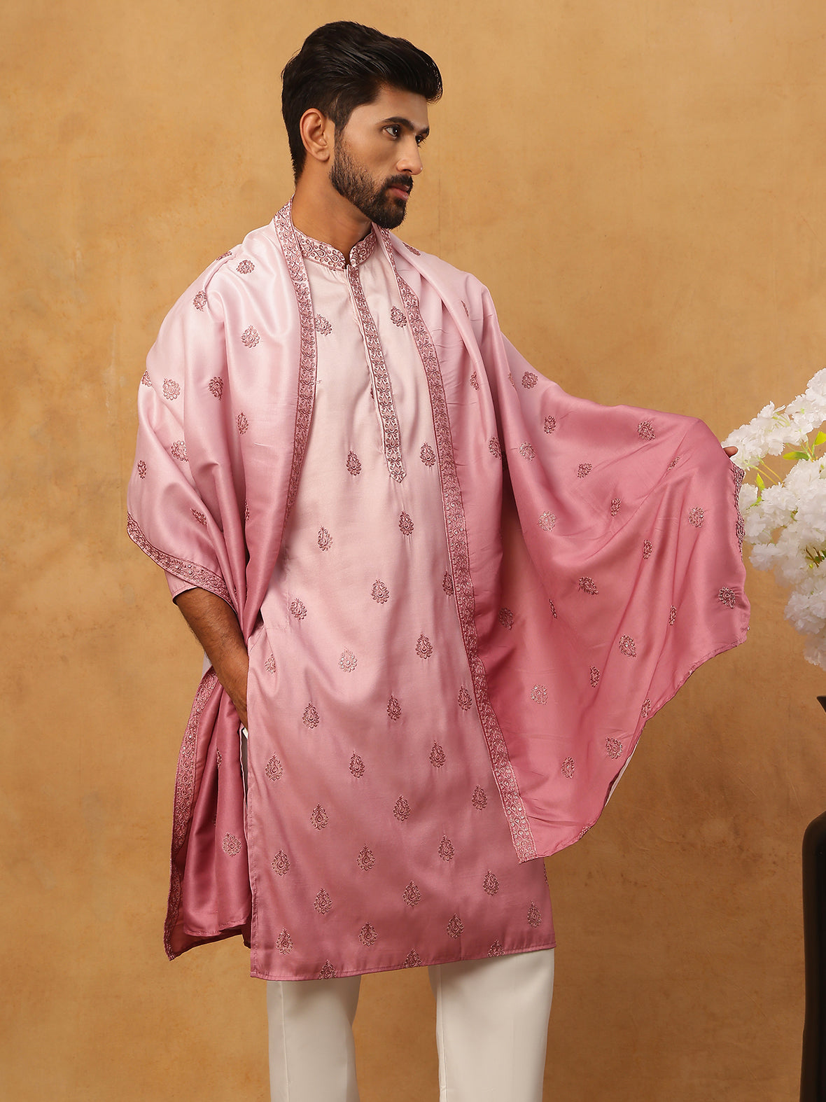 Embroidered Silk Blend Kurta Set with Dupatta (65KP D 5439 Pink ) [FF] [Q-7]