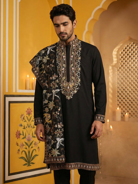 Embroidered Cotton Blend Kurta Pyjama & Dupatta Set ( 65KP B-P D 5513Black )