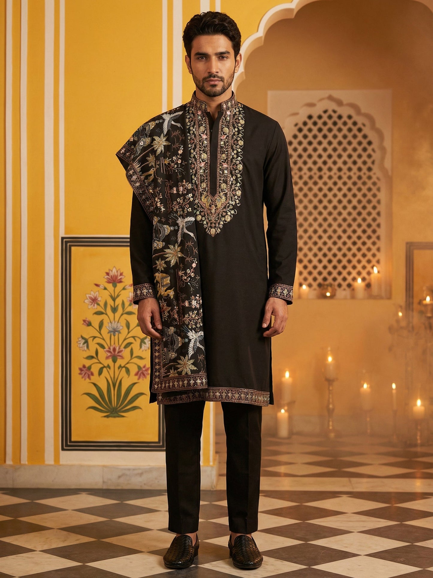 Embroidered Cotton Blend Kurta Pyjama & Dupatta Set ( 65KP B-P D 5513Black )