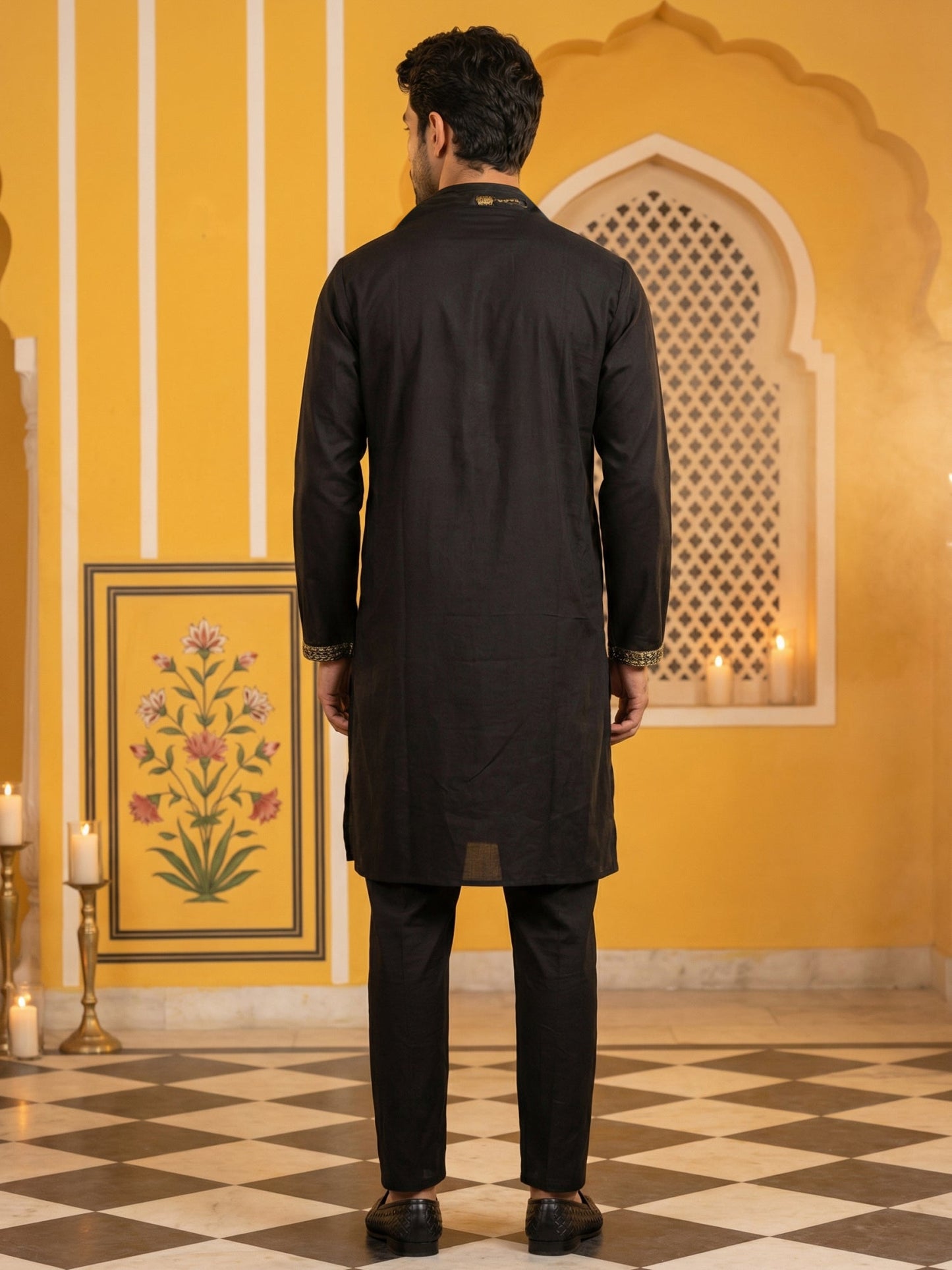 Men’s Embroidered Kurta Pyjama with Dupatta Set ( 65KP P D 5540Black )