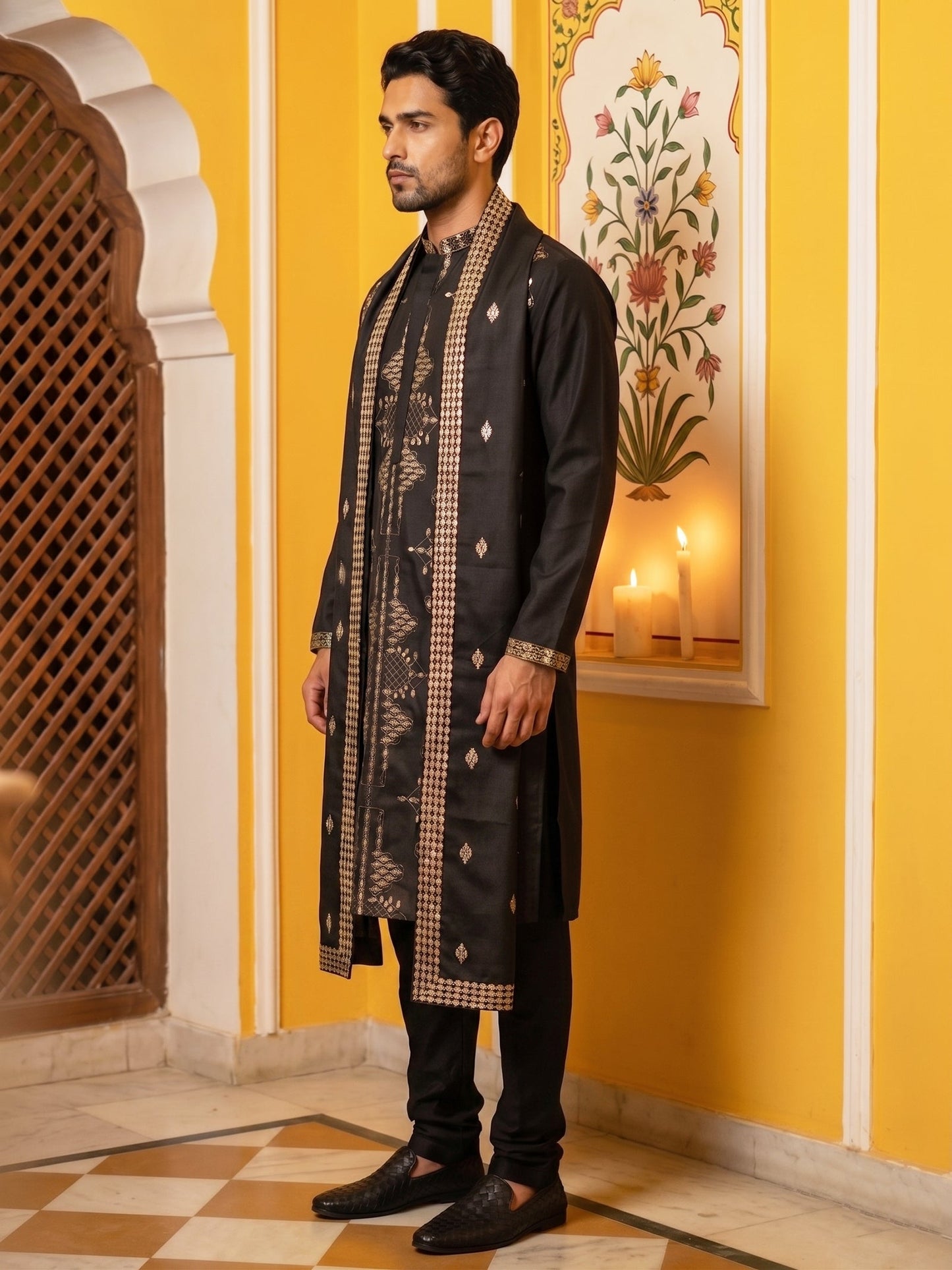 Men’s Embroidered Kurta Pyjama with Dupatta Set ( 65KP P D 5540Black )