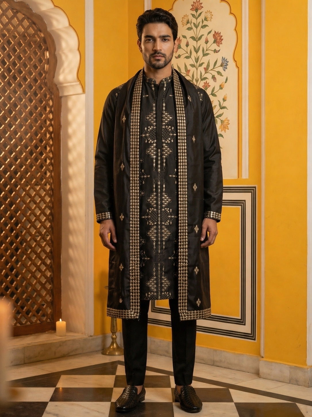 Men’s Embroidered Kurta Pyjama with Dupatta Set ( 65KP P D 5540Black )