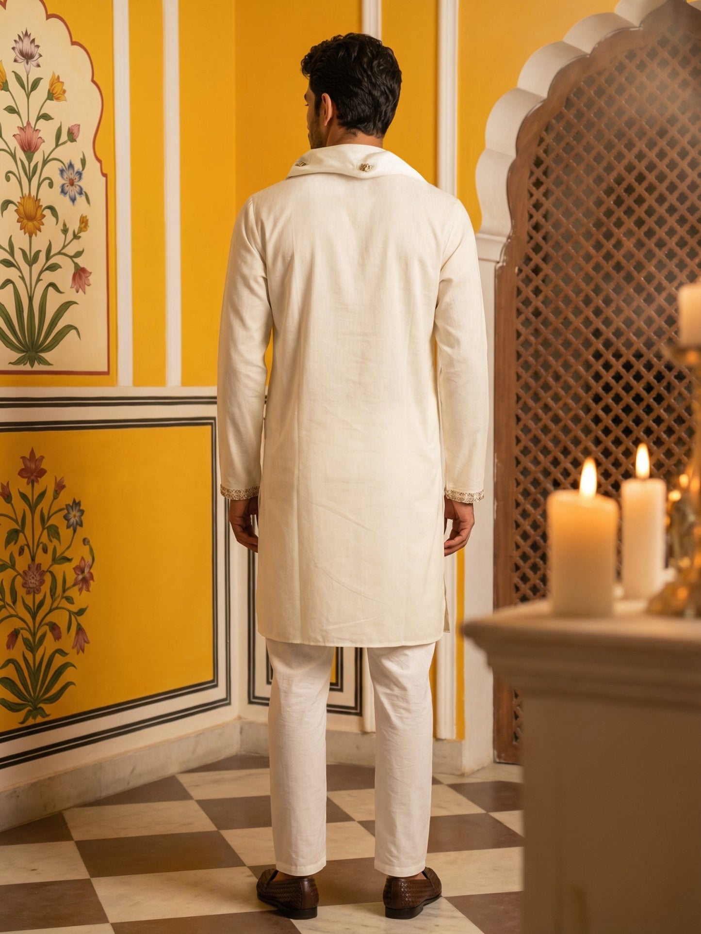 Men’s Embroidered Kurta Pyjama with Dupatta Set ( 65KP P D 5540Cream )