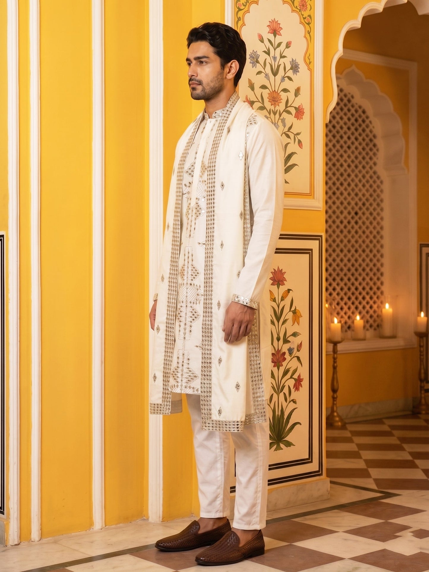 Men’s Embroidered Kurta Pyjama with Dupatta Set ( 65KP P D 5540Cream )