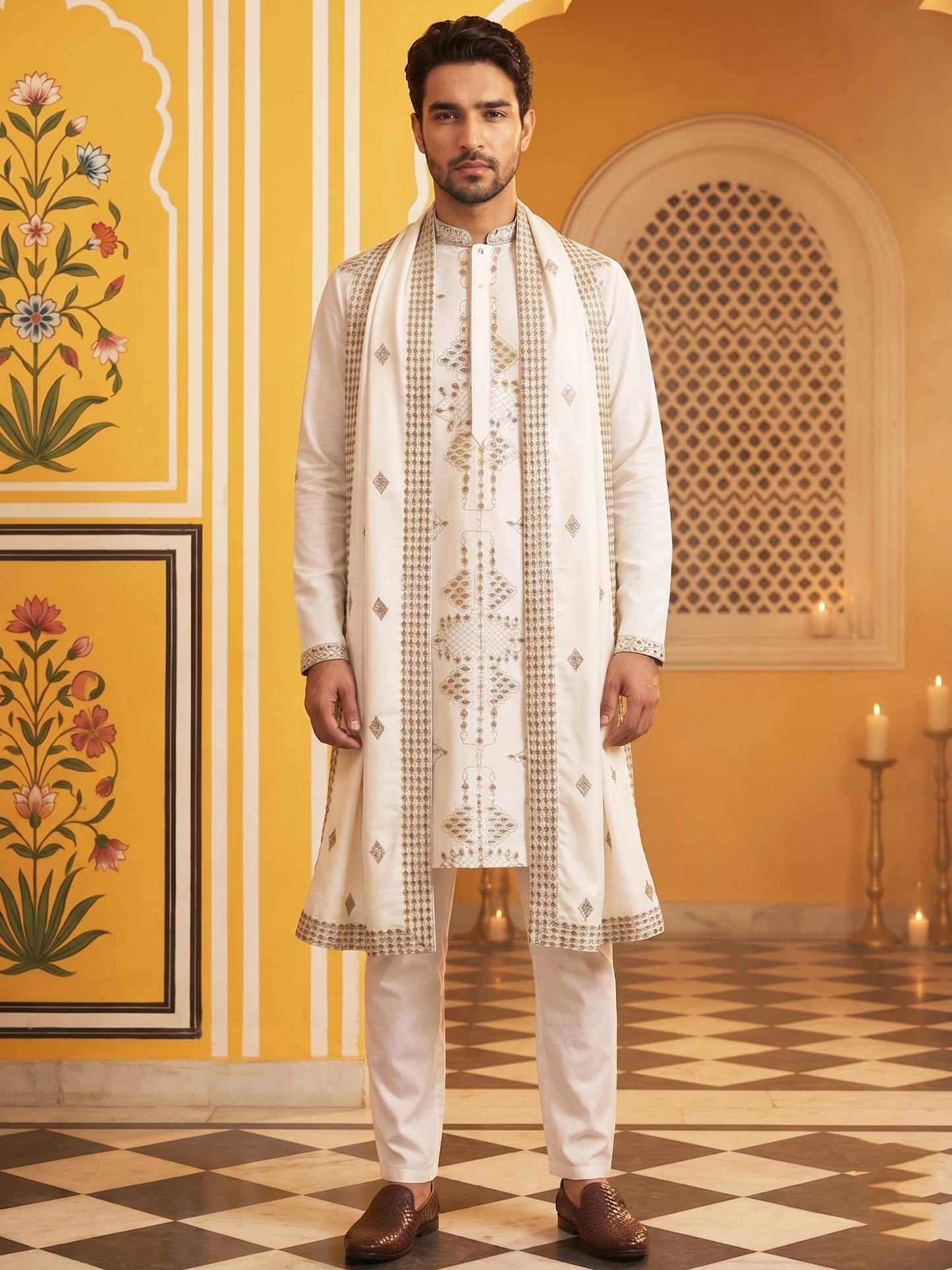 Men’s Embroidered Kurta Pyjama with Dupatta Set ( 65KP P D 5540Cream )